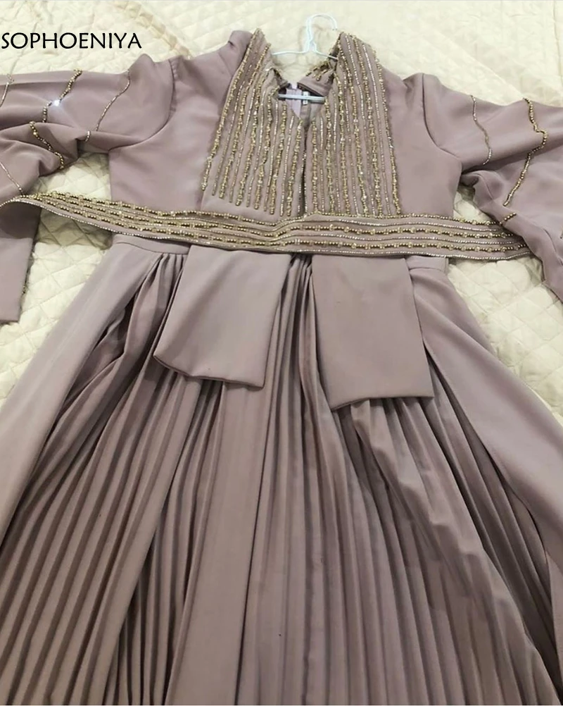 Avondjurken-Vestidos de Noche de manga larga con cuello de pico para mujer, ropa de noche para fiesta de Dubái, novedad de 2021