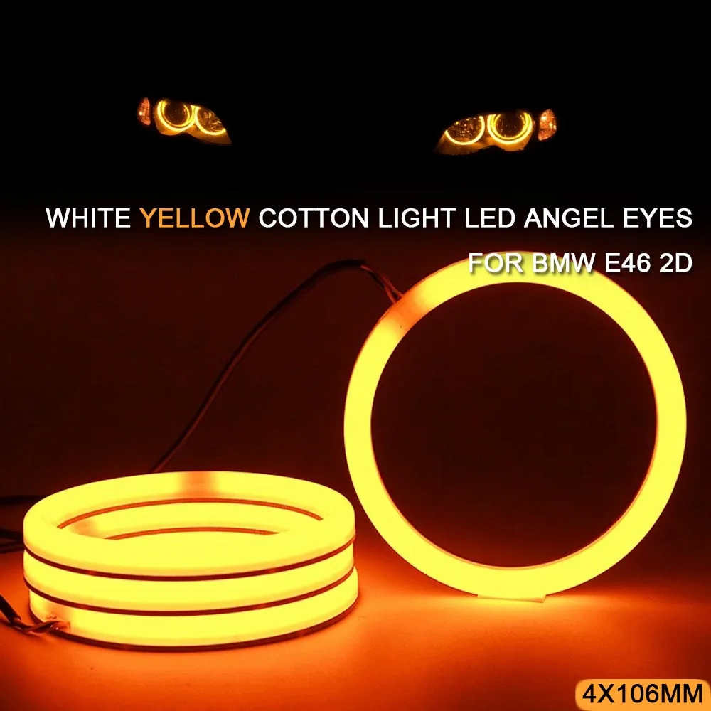 4x106MM White Yellow Cotton LED Angel Eyes Headlight for BMW E46 2D Coupe Cabrio Switchback Halo Ring Turn Signal DRL Lights