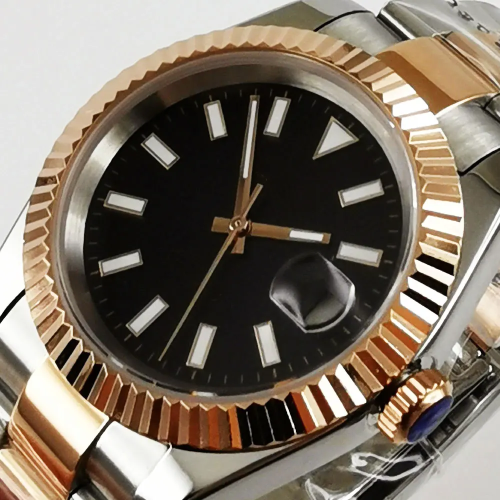 Sterile 39mm Steel Black Dial Men Watch Sapphire Crystal transparent back Rose Gold Fluted Bezel Automatic Wristwatch Oyster