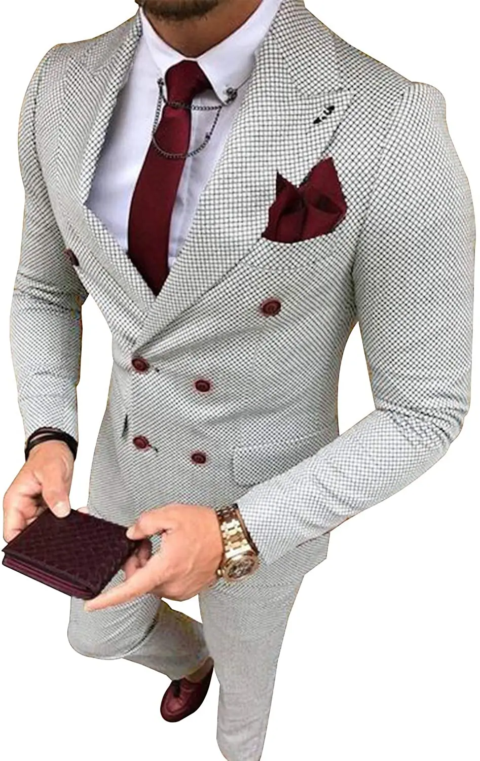 Men\'s Suit Grey Formal 2 Pieces Slim Fit Double breasted Plaid Soft Wool Tweed Prom Tuxedos Wedding Groomsmen (Blazer+Pants)