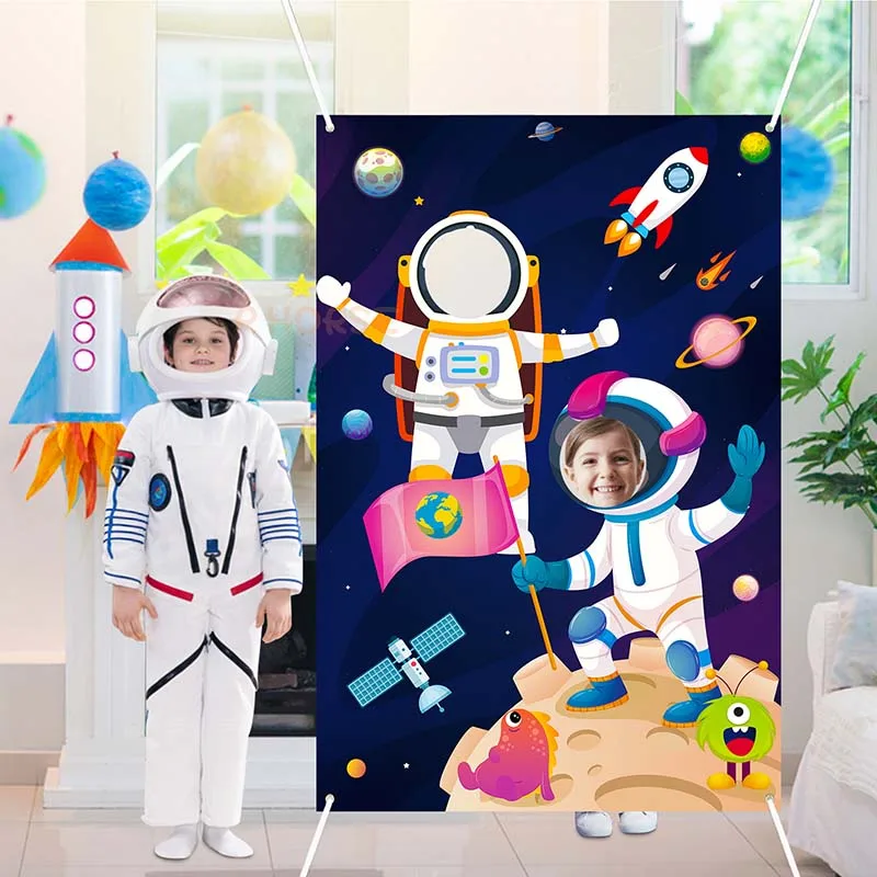 Astronaut Face Photo Banner Backdrop Props Party Game Supplies for Kids Universe Photography Background Birthday Baby Shower