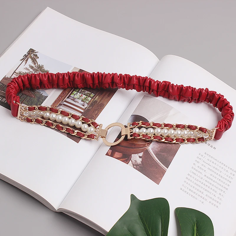 المرأة المدرج موضة اللؤلؤ مطرز بولي Leather الجلود سلسلة فستان Cummerbunds الكورسيهات حزام أحزمة الديكور حزام TB751