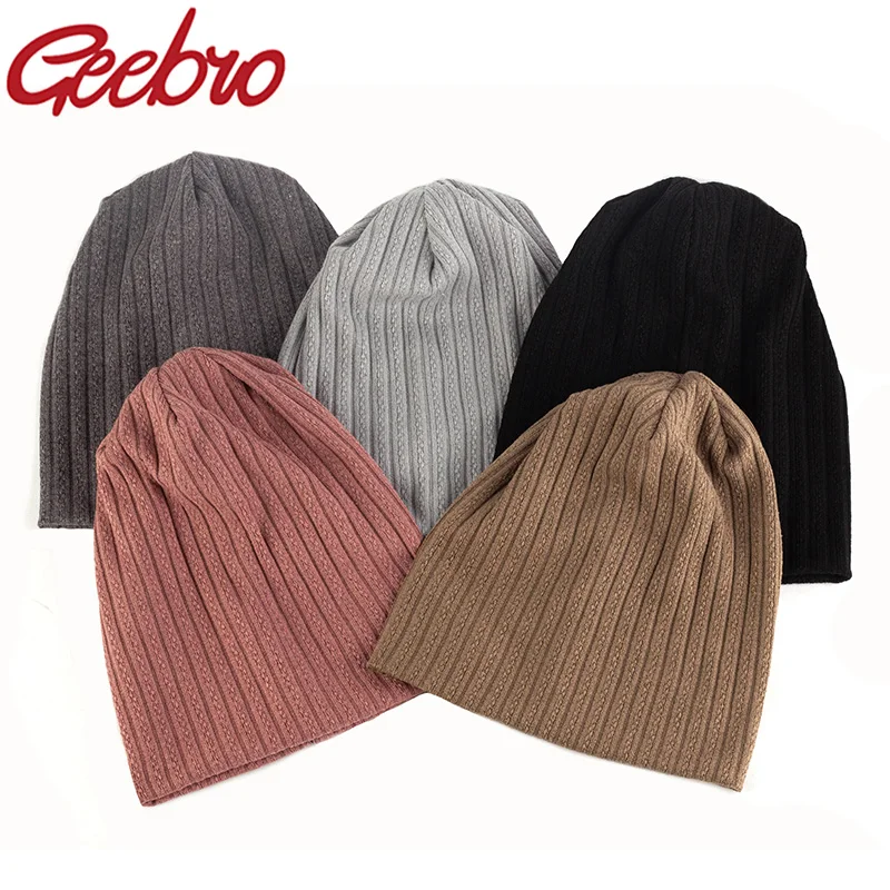 Geebro Women Soft Decorative pattern stripes cotton hats Spring Autumn Slouchy hats ladies Girls Ribbed Skullies Beanies Gorros