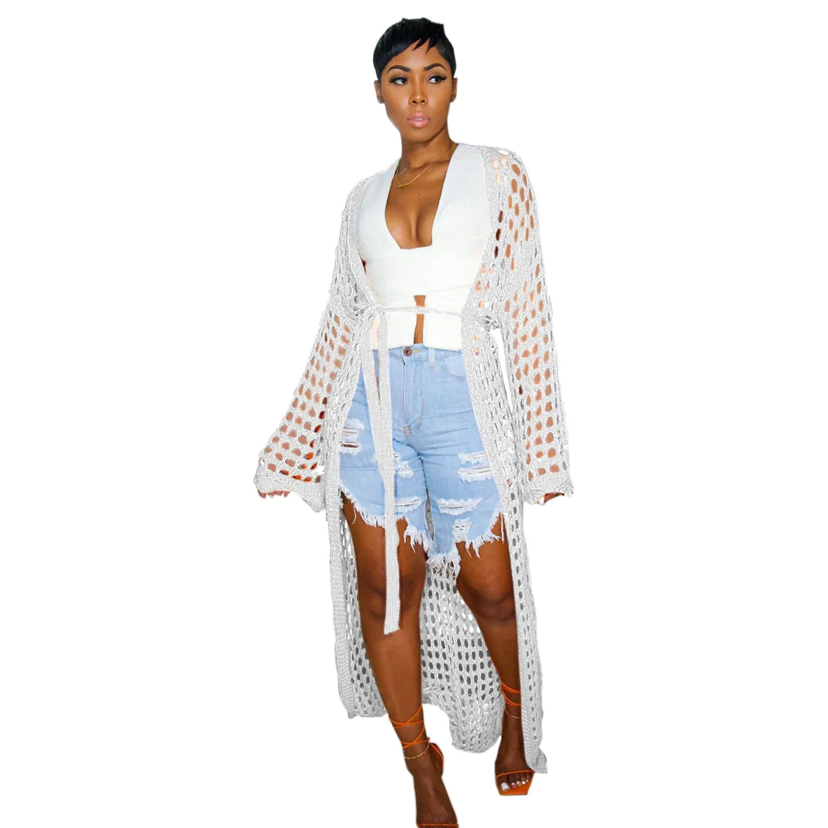 Summer Female Beach Dress Wraps Sexy Hollow Out Long Sleeve Bikini Covers Cardigan Coat for Women Knitted Cover Up