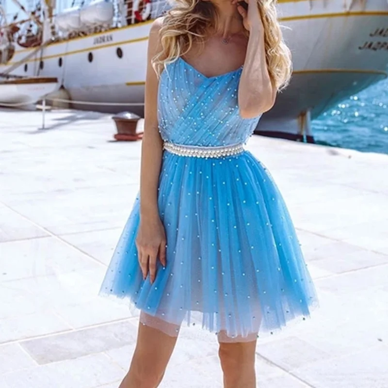 

Blue Beads Pearls Spaghetti Straps Cocktail Dresses Tulle Skirt Graduation Gowns Homecoming Dress