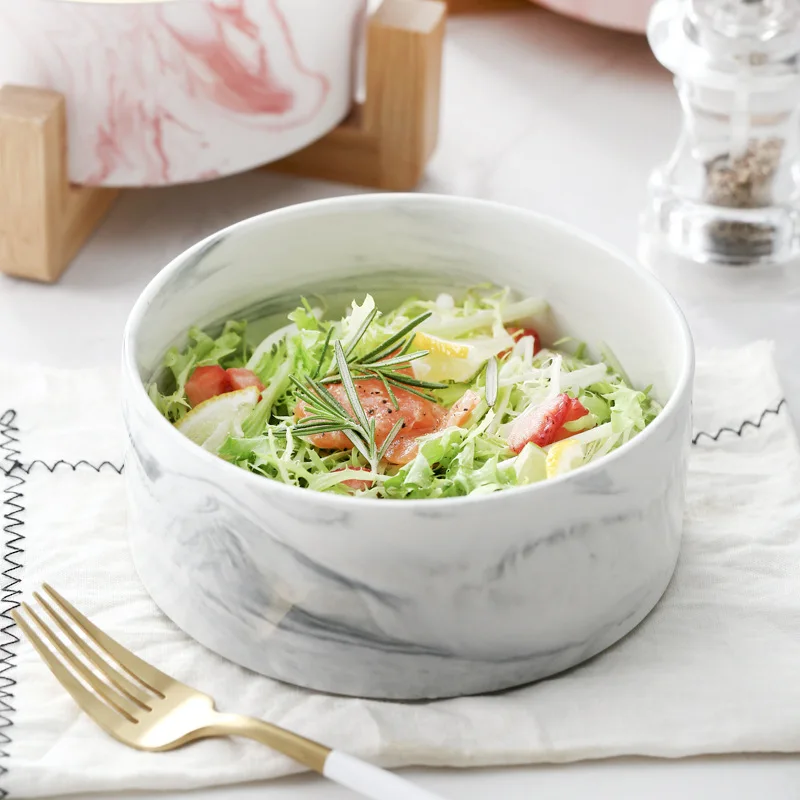 Nordic Marble Ceramic Bowl with Bamboo Rack Holder, Stackable Large Salad Fruit Dessert Bowl, Cat and Pets Dinnerware, 850ml