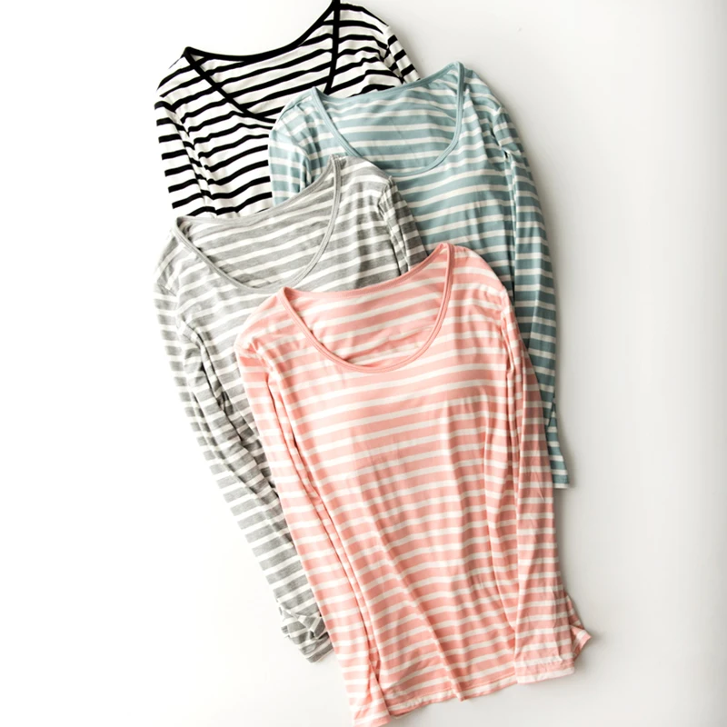 Built In Bra T-shirt Women Modal Striped Soft Long Sleeve Padded Lingerie Lounge Loose Breathable Sleeping Tops Clothing Women