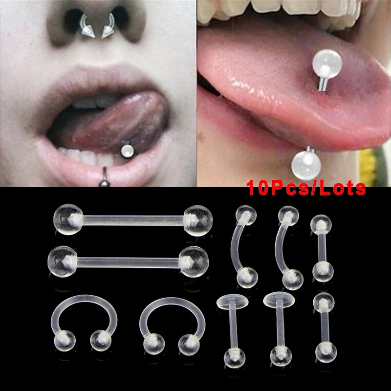 10Pcs/Set Transparent Acrylic Nipple Ring Soft Clear Bar Tongue Piercing Tongue Ring Helix Piercing Sex Jewelry
