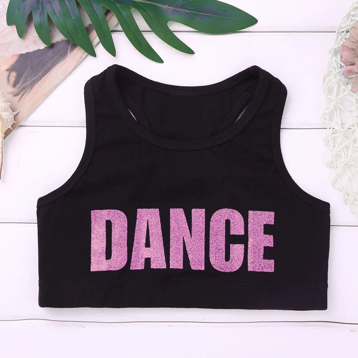 

Girls Shiny Letters DANCE Printed Tank Crop Top Dancewear Sleeveless Racerback Cropped Top for Gymnastics Ballet Kids Tank Tops