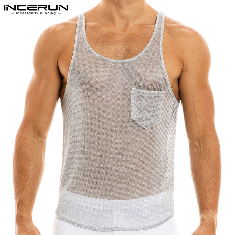 INCERUN Men Tank Tops Sleeveless O Neck Pockets See Through Thin Tops Streetwear Breathable Summer Vests Men Camisetas S-5XL