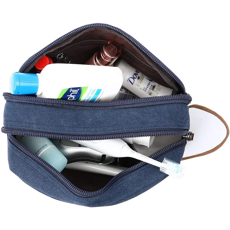 Homens viagem toiletry lavagem saco grande capacidade lona couro cosméticos maquiagem organizador de barbear dopp kits com compartimentos duplos