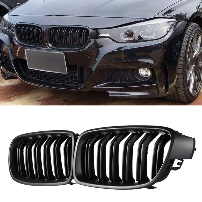 F30 Grill, przednia maska kratka nerkowa do BMW serii 3 F30 F31 F35 2012-2018 (podwójna listwa matowy czarny Grill, zestaw 2-Pc)