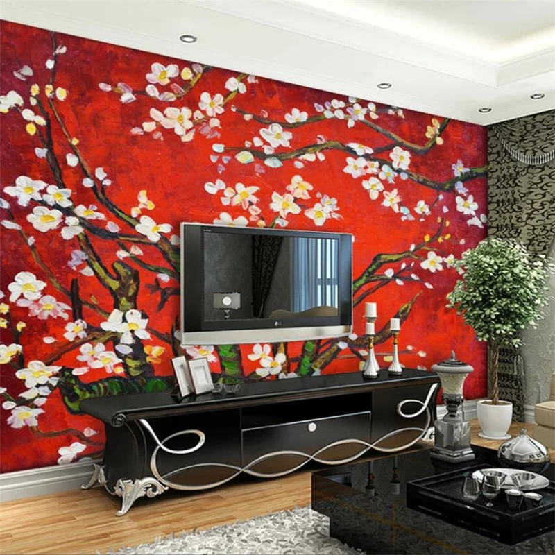 wellyu Custom wallpaper 3d large HD quality red bottom almond tree papel de parede oil painting art photo murals 3d wallpaper