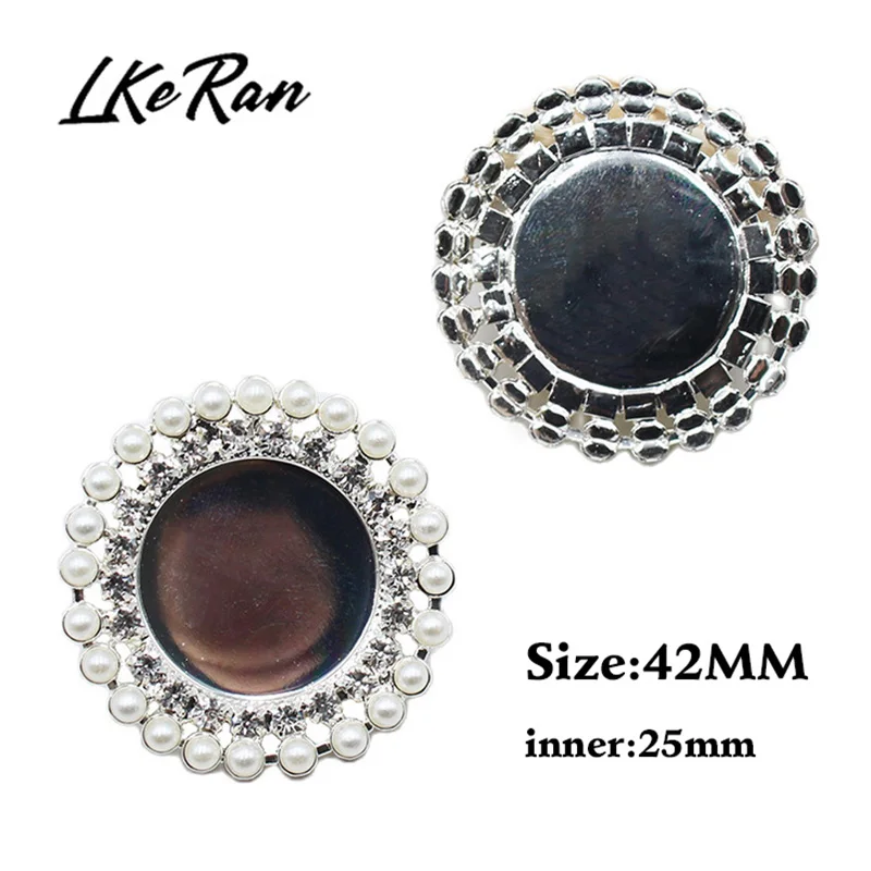 New 2Pc 42mm/inner 25mm Double Layer Pearl Rhinestone Negative Film DIY Decorative Buttons Metal Cap Tray Setting Key Cover Lids