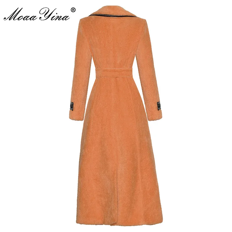 MoaaYina Designer Autumn Winter Warm Trench Women Turn-down Collar Long Sleeve Double Breasted Belt Orange Outwear Overcoat