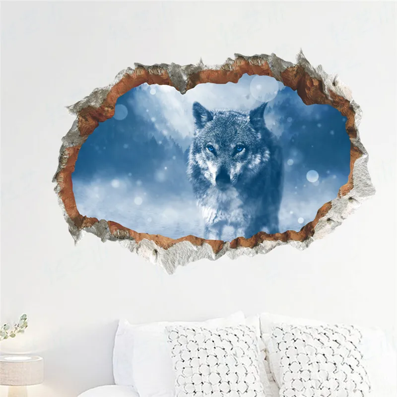 3d Look Snow Wolf Wall Stickers For Office Living Room Bedroom Home Decoration Safari Mural Art Diy Pvc Animal Broken Hole Decal