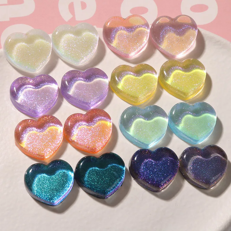 Wholesale 50pcs/lot color glitter core cartoon hearts shape resin flatback cabochon beads diy jewelry earring/hair accessory