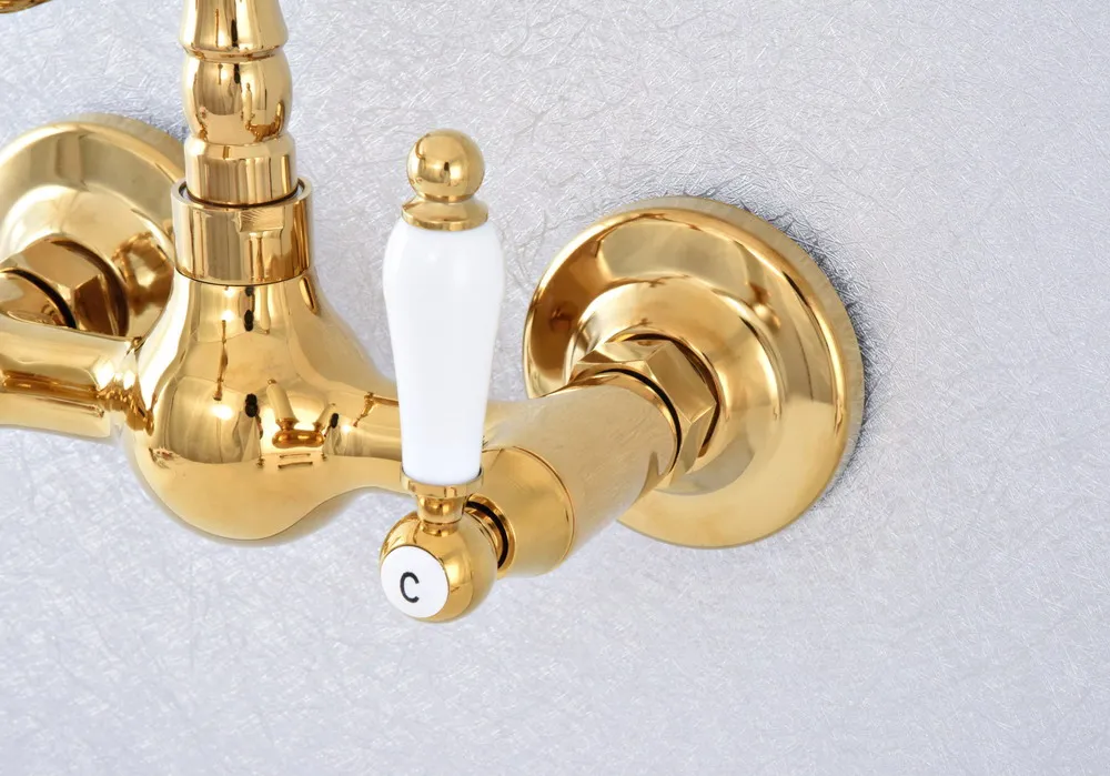 Polished Gold Color Brass Wall Mounted Double Ceramic Handles Bathroom Kitchen Sink Faucet Mixer Tap Swivel Spout asf615