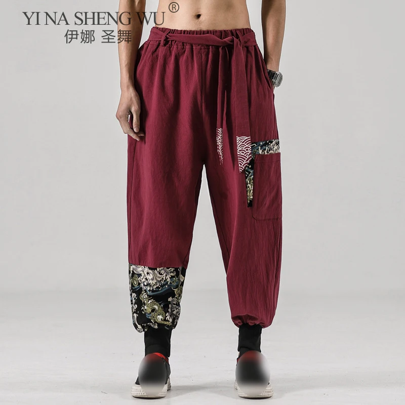 Japanese Kimono Pants Men Cotton Linen Samurai Costume Embroidery Floral Retro Harem Pants Haori Baggy Trousers Harajuku Hip Hop