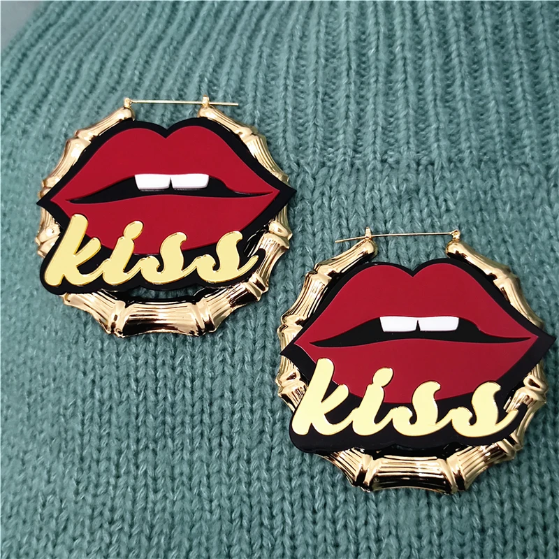 KUGUYS KISS Red Lips Big Bamboo Hoop Earrings for Women Mirror Gold Color Letter Hyperbole Hiphop Rock Acrylic Festival Jewelry