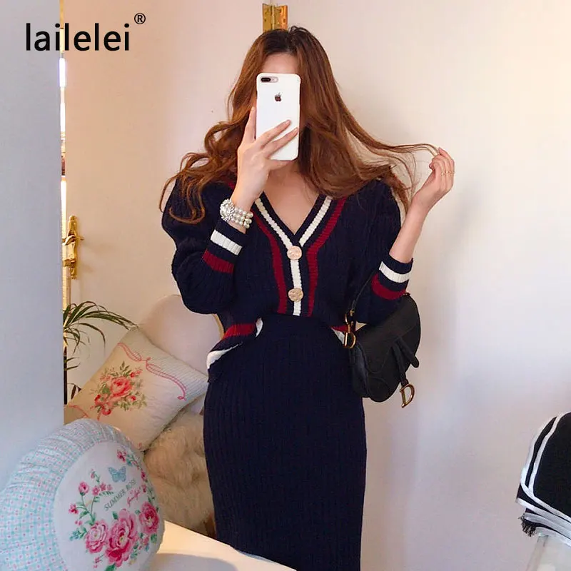 Chic bump color stripe edge v-neck knitting cardigan skirts two-piece outfit