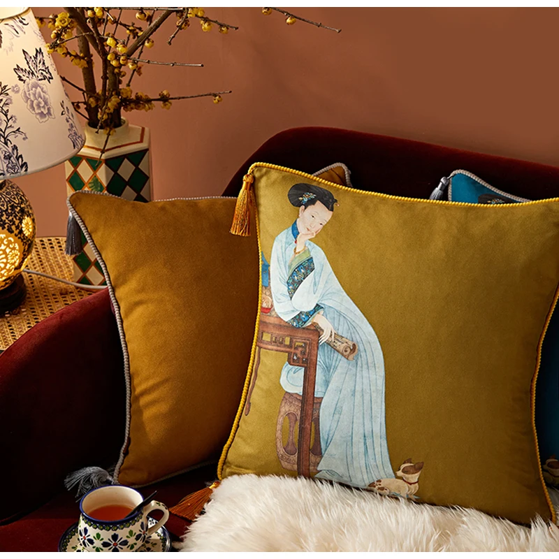 Medicci Home Oriental Mixed Modern Style Cushion Cover Chinese Classical Women Print Living Room Throw Pillow Case With Tassels