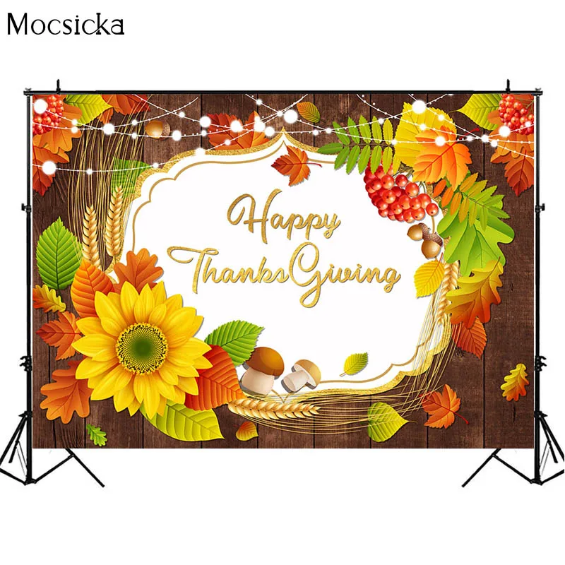 Mocsicka Autumn Harvest Backdrops Brown Planks Child Birthday Portrait Maple Leaf Sunflower Decoration Background Photo Studio