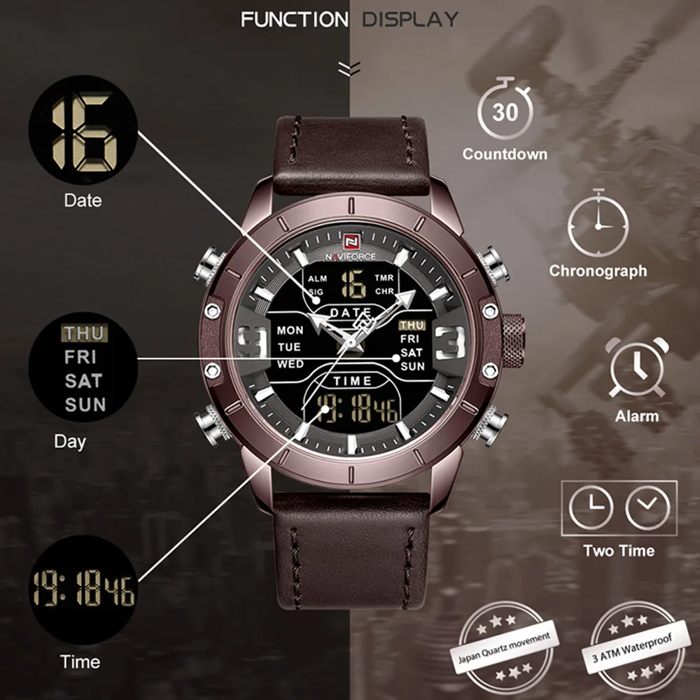 NAVIFORCE Mens Watches Fashion Luxury Military Digital Watch Genuine Leather Waterproof Chronograph Watch for Men montre homme