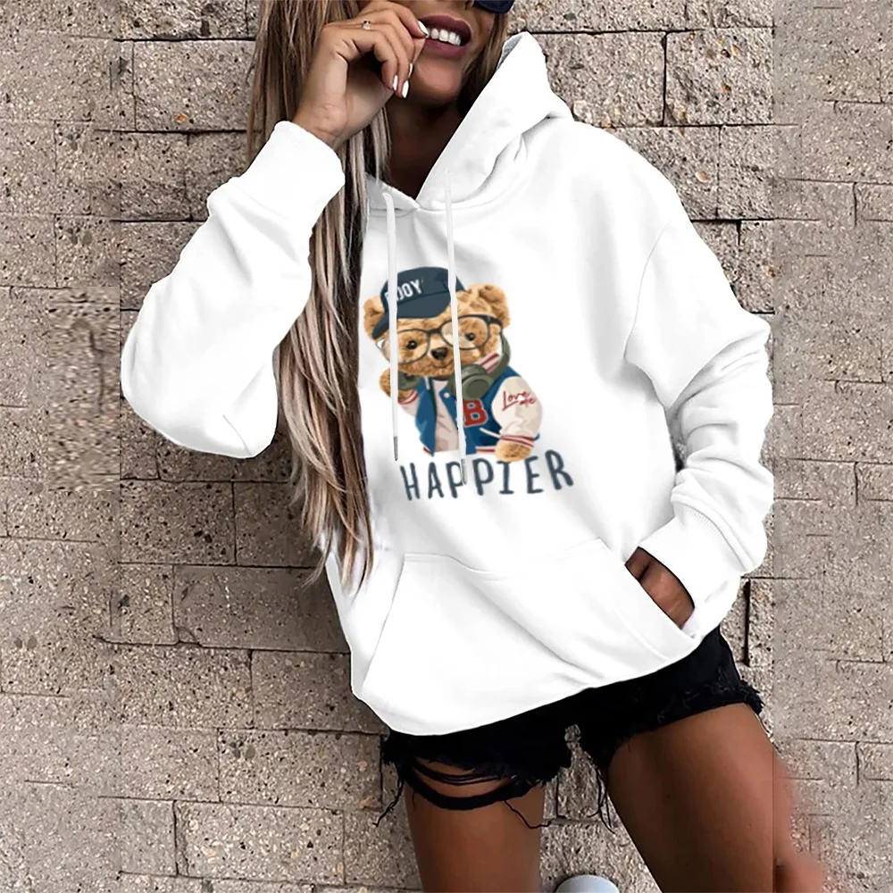 Hoodie Ladies Sweatshirt Casual Sports Hoodie with Glasses Cute Bear Print Harajuku Loose Long Sleeve Big Pocket Sports Pullover