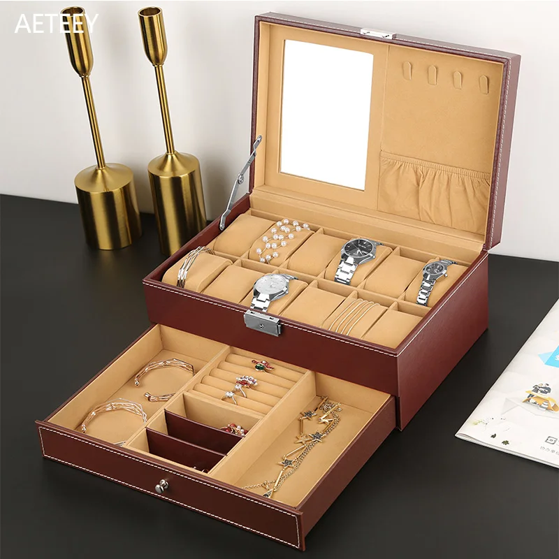 Jewelry Storage Box Brown Double-layer Jewelry Box Ecrin Watch Strap Organizer Winder Watch Stand Holder Cases for Watches Boxes