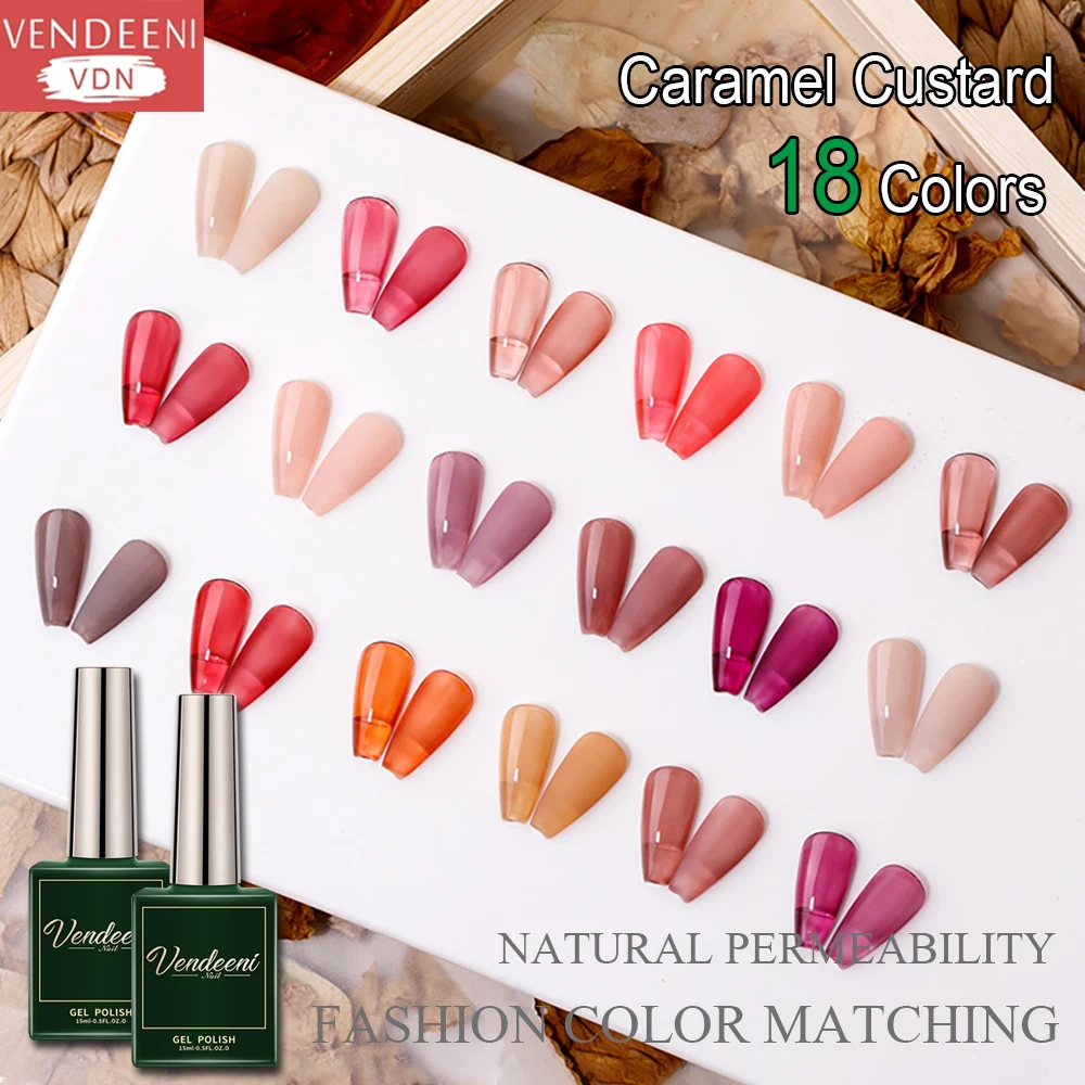 

Vendeeni 18 Colors Caramel Pudding Series Translucent Gel Nail Polish Crystal Jelly Gel Varnish UV Soak Off Gel Lacquer 15ml