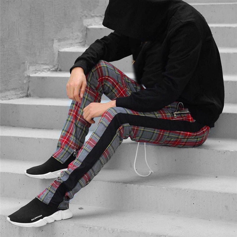 

Scottish Plaid Joggers pants Men 2020 Urban Streetwear Justin Bieber Checkered SweatPants Hip-hop Ankle Zip Lattice Track Pants