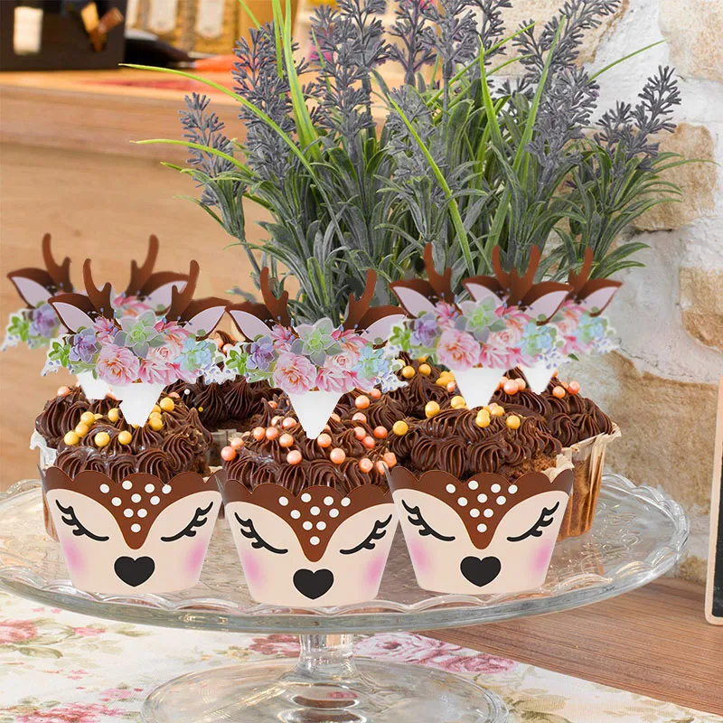12/24 stücke Cartoon Sika Deer Cupcake Wrapper Geweih Papier Kuchen Topper Frohe Weihnachten Weihnachten Neue Jahr Geburtstag Party Dekoration – Detail 13