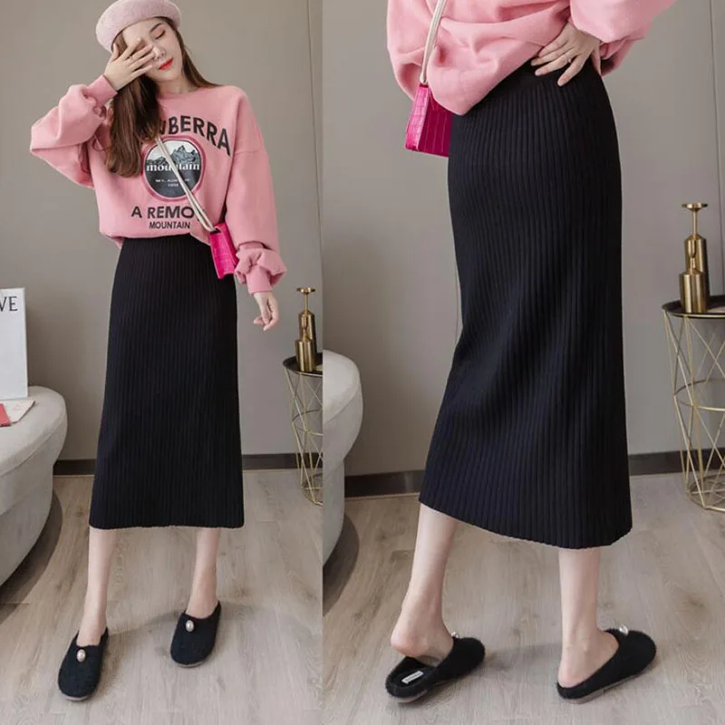 Women Autumn Winter Knitted Midi Skirt High Waist Warm Elegant Knitting Ribbed Black Skirts Female Sexy Split Office Skirts