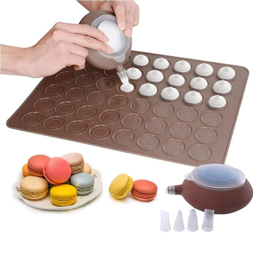 Silicone Macaron Kit Decorating Piping Pot Pastry Baking Mat Capacity 48 Reusable Pastry Biscuits Almond Muffin Gummy Making Set