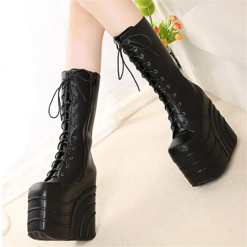 Big Size 34-43 Womens Fashion Punk Style White/Black Cosplay Boots Square Toe Wedges Platform Boots Leather Long Boots