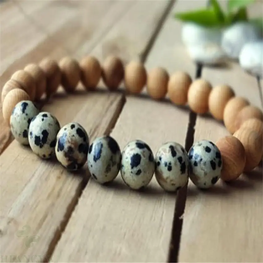 8mm Spotted Stone Sandalwood Bracelet Unisex Tibet silver Yoga Men Cuff Reiki Pray Stretchy Lucky Energy Mala Prayer