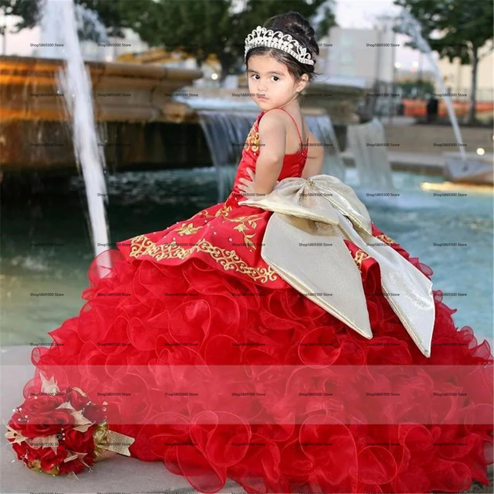 Goud Geborduurde Quinceanera Jurken Mini Little Peuters Boog Baljurk Ruffle Diamands Spaghetti Strapless Pageant Bloem Jurk