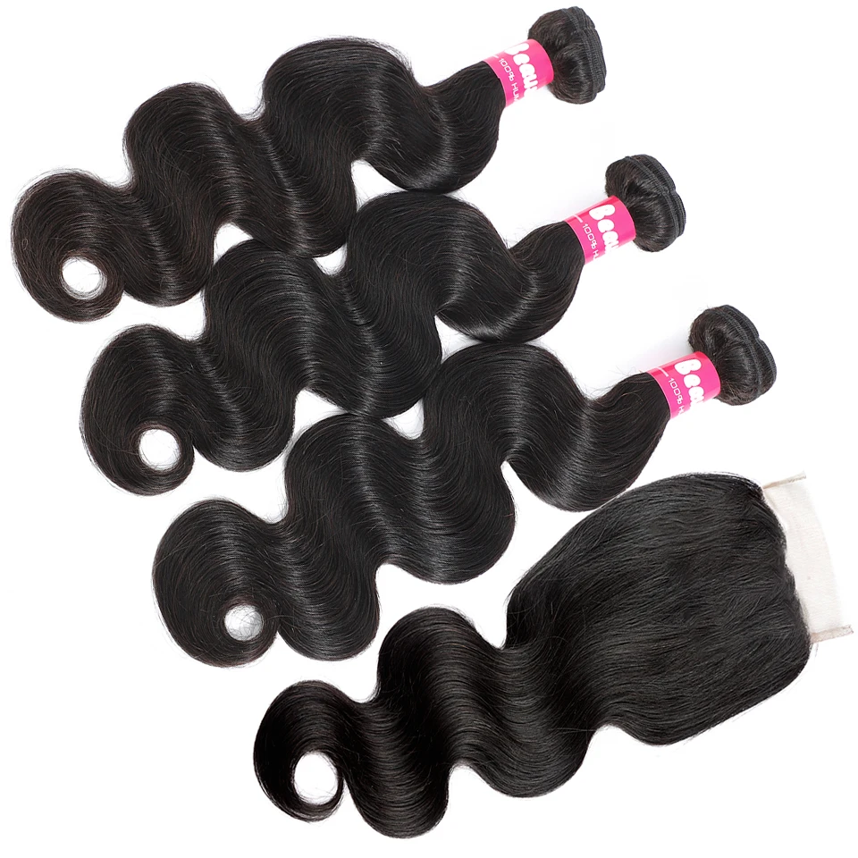 Beaushine-extensiones de pelo ondulado con cierre, accesorio capilar brasileño de 28 y 30 pulgadas con cierre de encaje, 4x4