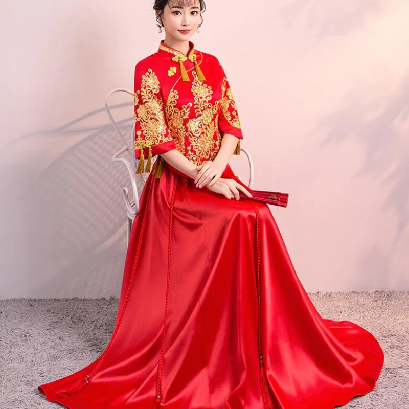 

Red Women Chinese Traditional Dress Red Bridal WeddingDress Clothes Chinese National Long Female Party Dress