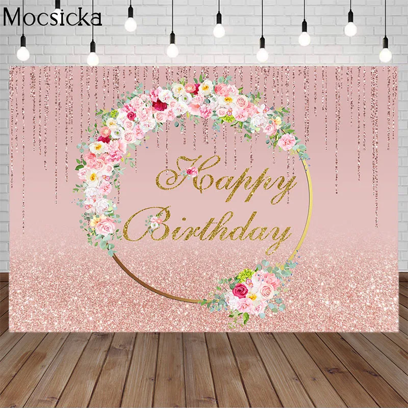 

Mocsicka Happy Birthday Fresh Flowers Backdrop Rose Gold Glitter Bokeh Adult Party Decoration Props Background For Photography