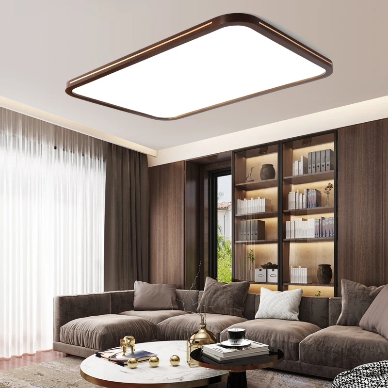 Ultra-thin Solid Wood Living Room Chandeliers Modern Bedroom Lamp Rectangular Walnut Color Copper Ceiling Decoration Lights