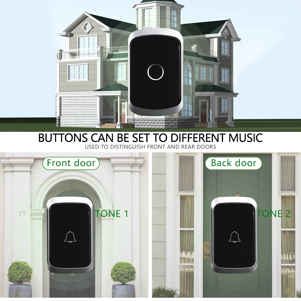 WEMEDA Wireless Doorbell Waterproof 2 Battery Button 4 Receivers US EU UK Plug 300M Remote Cordless Home Call Bell 60 Chimes