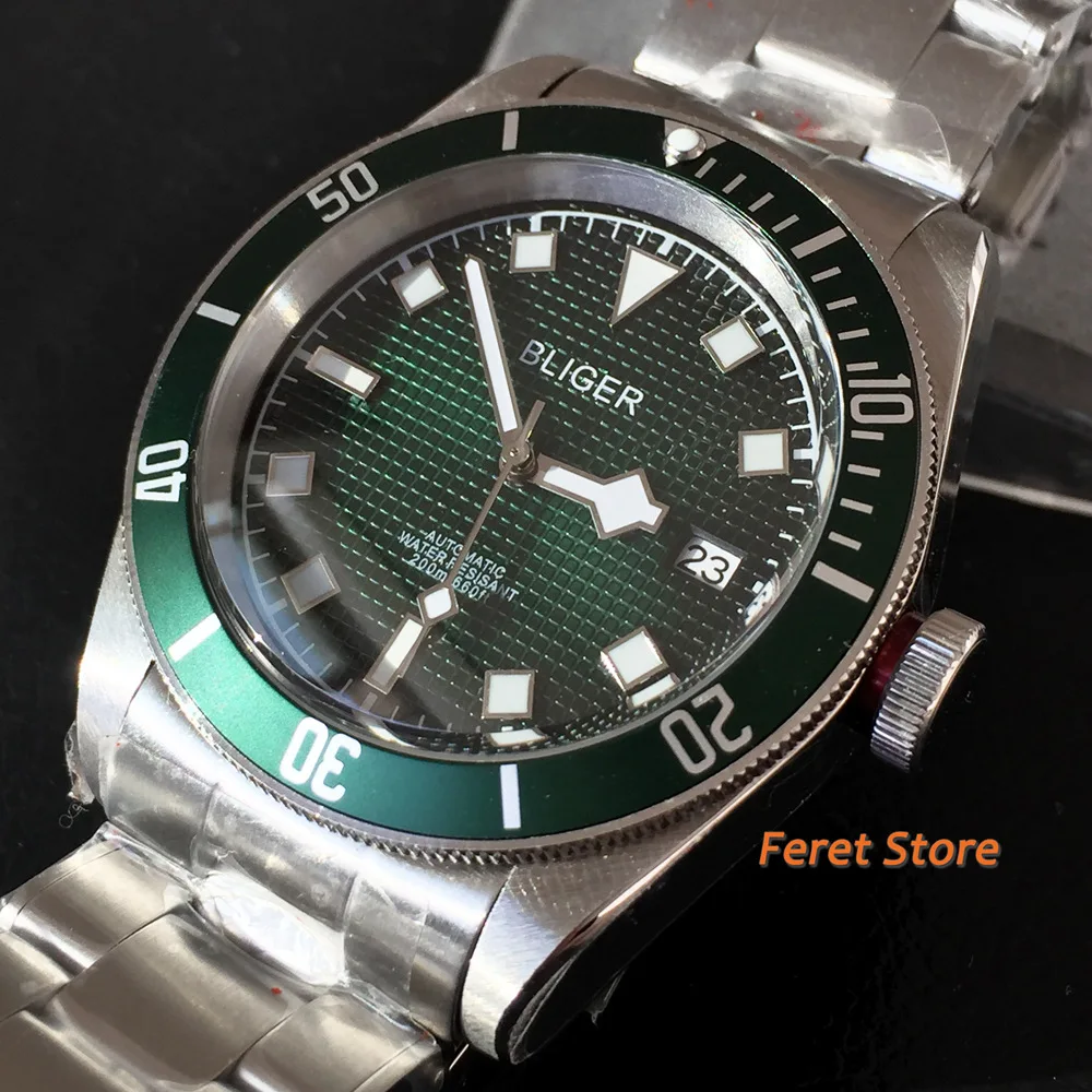 

New BLIGER Brand Japan NH35A Movement Steel Automatic Watch Men Sapphire Glass Green Dial Alloy Bezel Insert Business Wristwatch