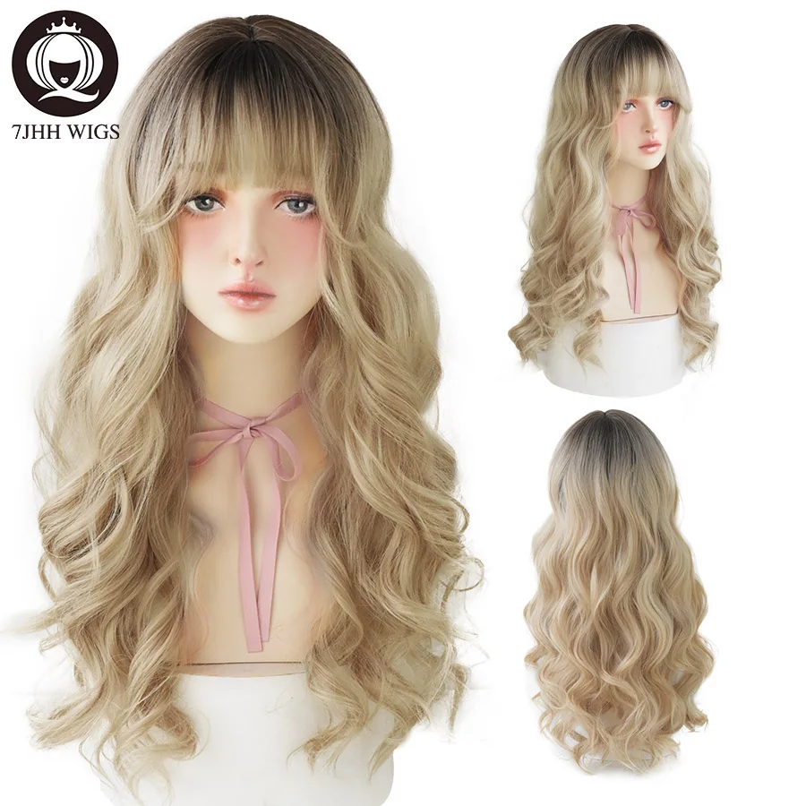 7JHH WIGS Loose Long Wavy Pink Brown Wig for Women Daily Use Fashion High Density Synthetic Hair Wigs with Bangs Beginner Friend