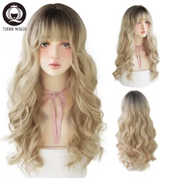 7JHH-peruca longa de onda profunda com arranca para mulheres, loiro claro, aparência natural, sintético, cabelo solto Ombre, fantasia Lolita