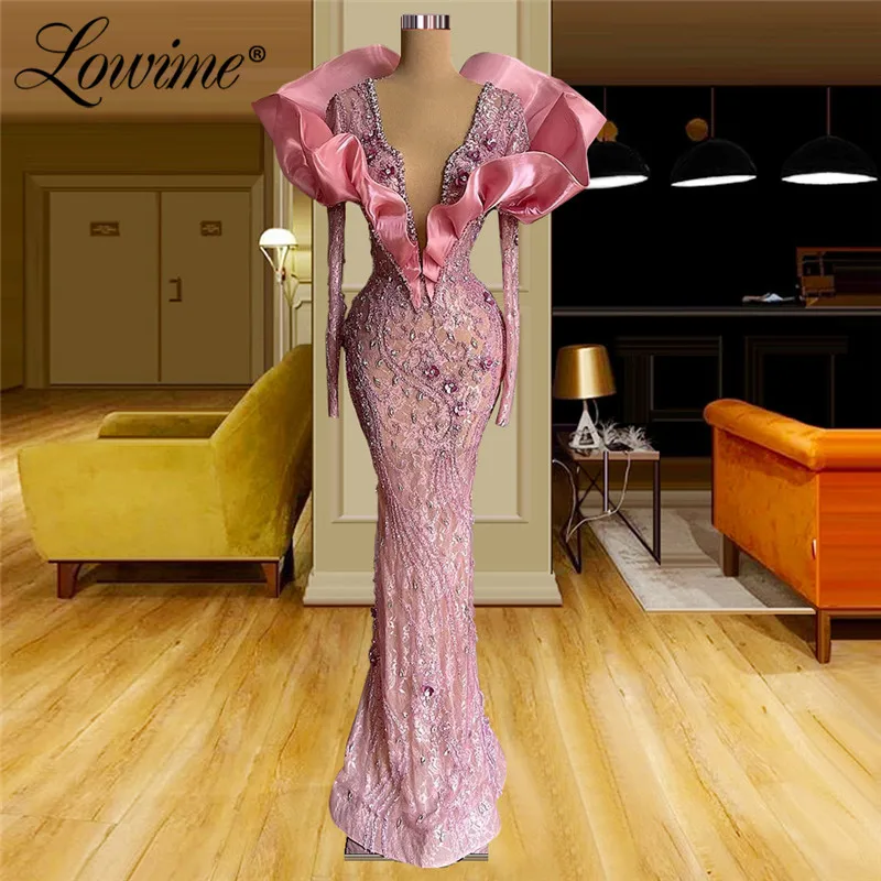 Lowime-vestidos de noche con cuentas árabes para mujer, ropa Formal de manga larga con encaje de sirena para baile de graduación, Dubai, talla grande, 2022