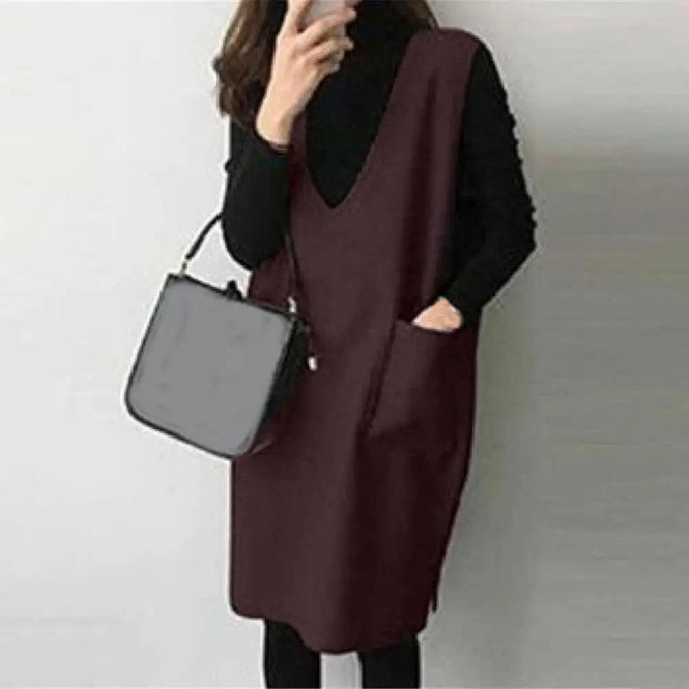 Vest Dress Solid Color Sleeveless Autumn Winter Elegant Warm Long Waistcoat for Parties