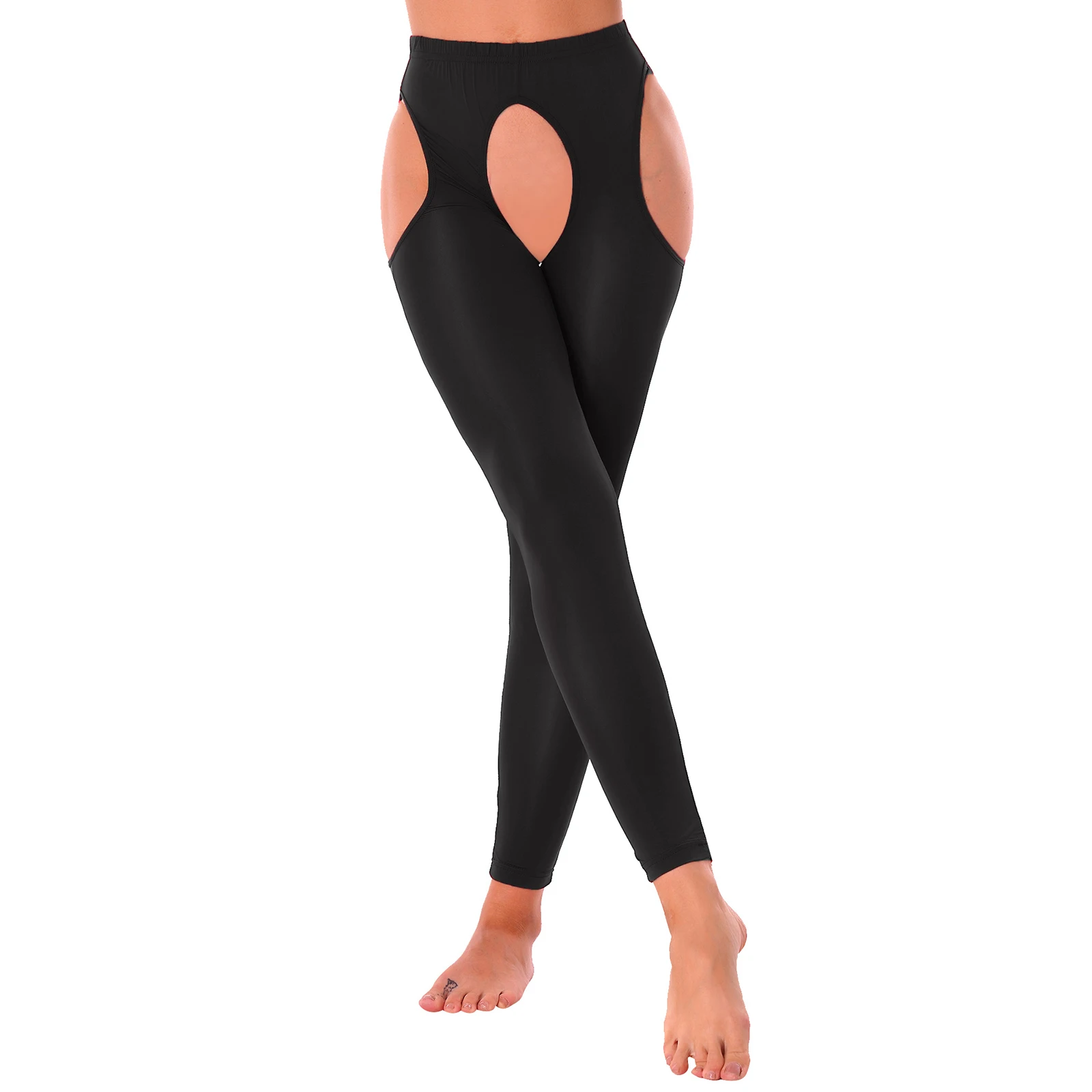 Nữ Crotchless Quần Legging Đùi Vớ Cổ Cao Ice Silk Cao Cấp Thun Treo Áo Quần Khoét Hở Chân Quần Dài