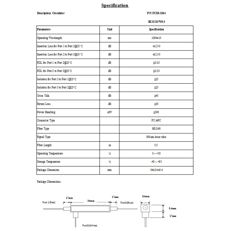 الألياف البصرية دائرية ثلاثة منافذ SM 1064nm